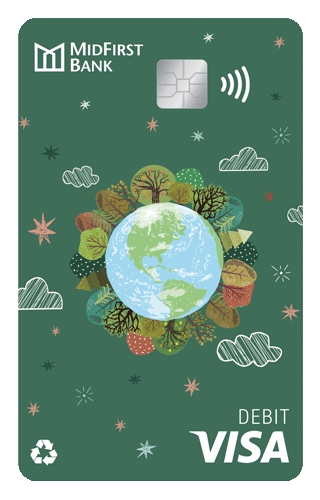 A East First debit card featuring a graphic of the planet Earth and a recycling symbol